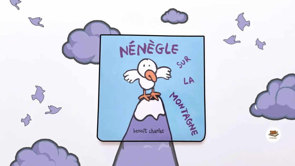 Illustration dans un style enfantin d'un petit aigle posé en haut d'une montagne. C'est la couverture du livre "Nénègle sur la Montagne" de Benoît Charlat