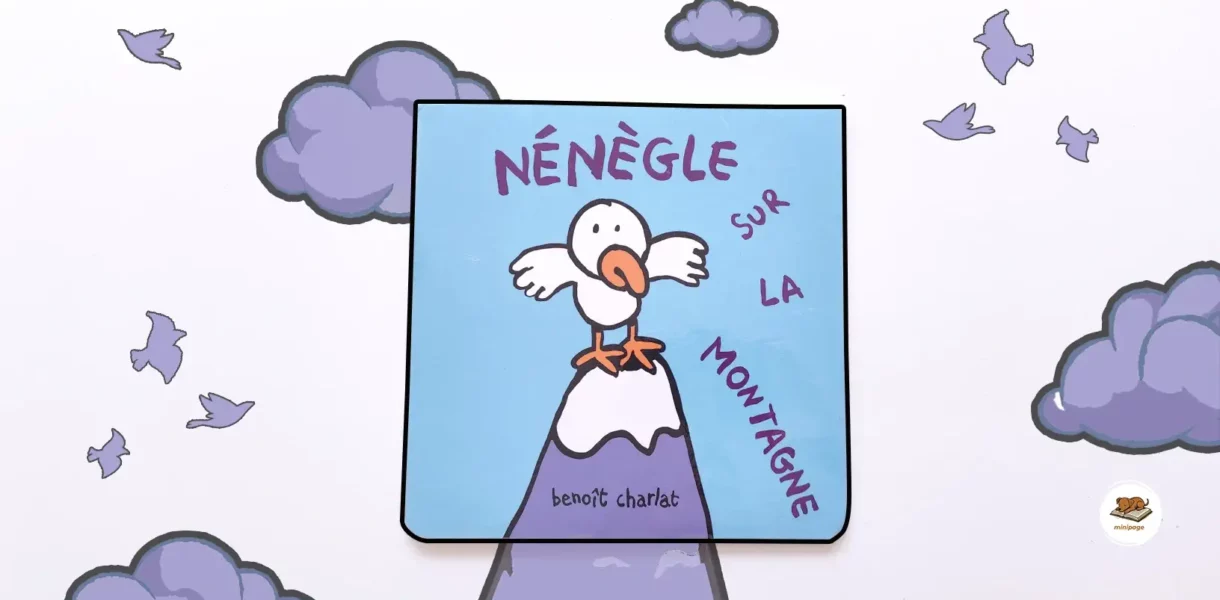 Illustration dans un style enfantin d'un petit aigle posé en haut d'une montagne. C'est la couverture du livre "Nénègle sur la Montagne" de Benoît Charlat