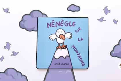 Illustration dans un style enfantin d'un petit aigle posé en haut d'une montagne. C'est la couverture du livre "Nénègle sur la Montagne" de Benoît Charlat